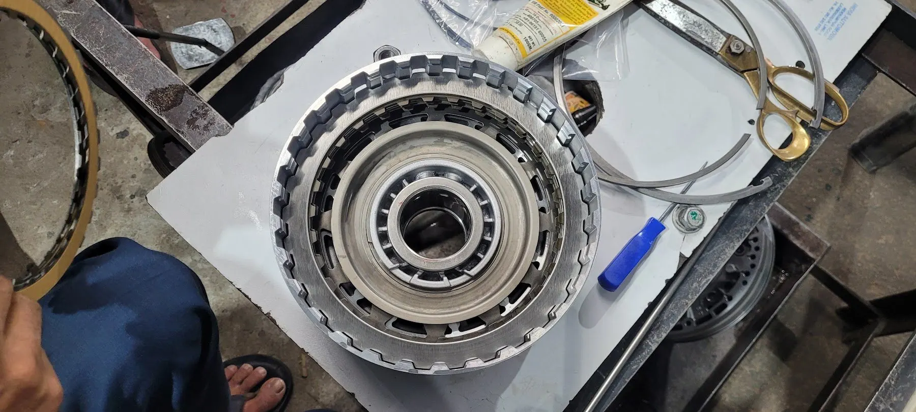 Clutch drum on the bench during a gearbox rebuild