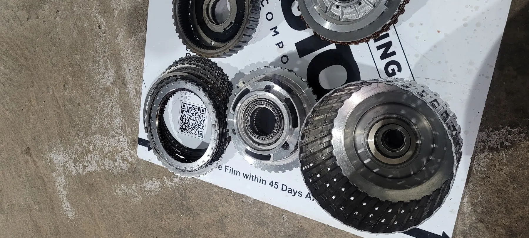 New clutch components unpacked for a transmission rebuild